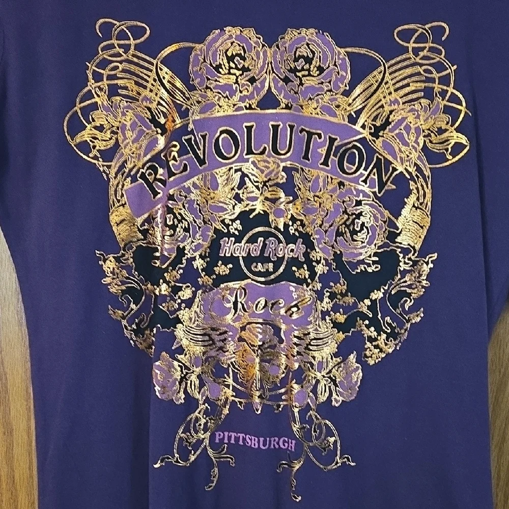 Hard Rock Cafe Plum Gold Graphic V-Neck Tee PITTSBURGH - Picture 3 of 3